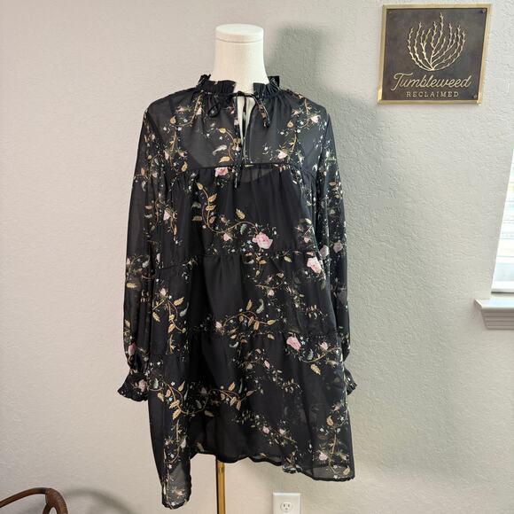 Women's All Saints Black Pullover Floral‎ Botanical Dress with Slip Size 0 NEW - Picture 1 of 11